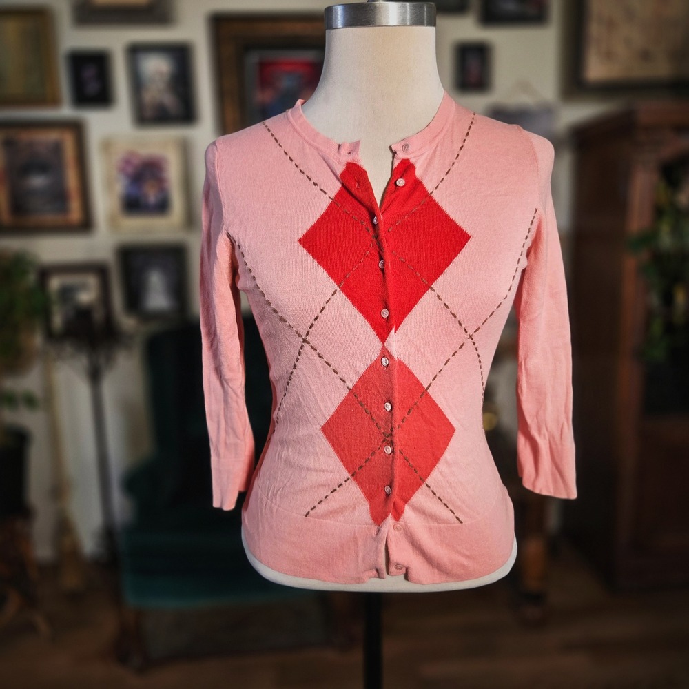 Cardigan Express Pink Argyle Cotton Cashmere Blend Button Front Sweater Small S